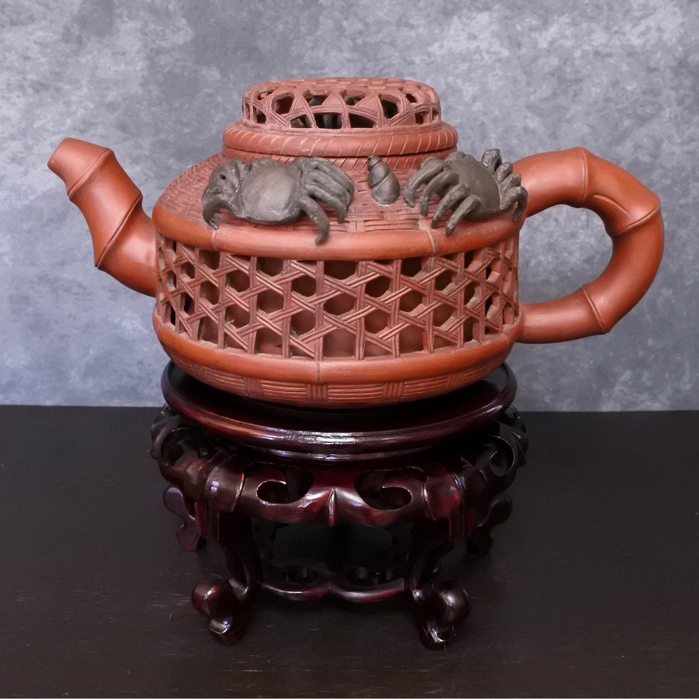 Vintage Chinese Large Yixing Zisha Clay Art Pottery Crab Basket Sculpture Teapot